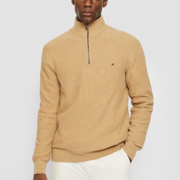 Tommy Hilfiger Men's tan quarter zip textured sweater sz M - Picture 1 of 10